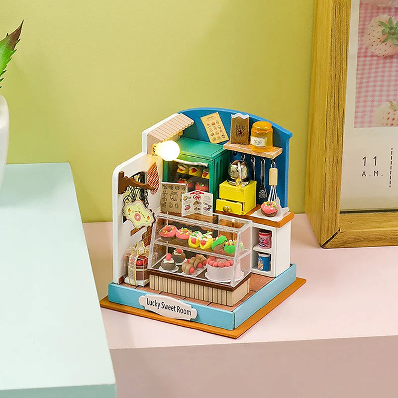 3D Puzzles Wooden Coffee Shop Mini Dollhouse Kit DIY Handmade Assembly Building Dollhouses Toys For Kids Birthday Gifts