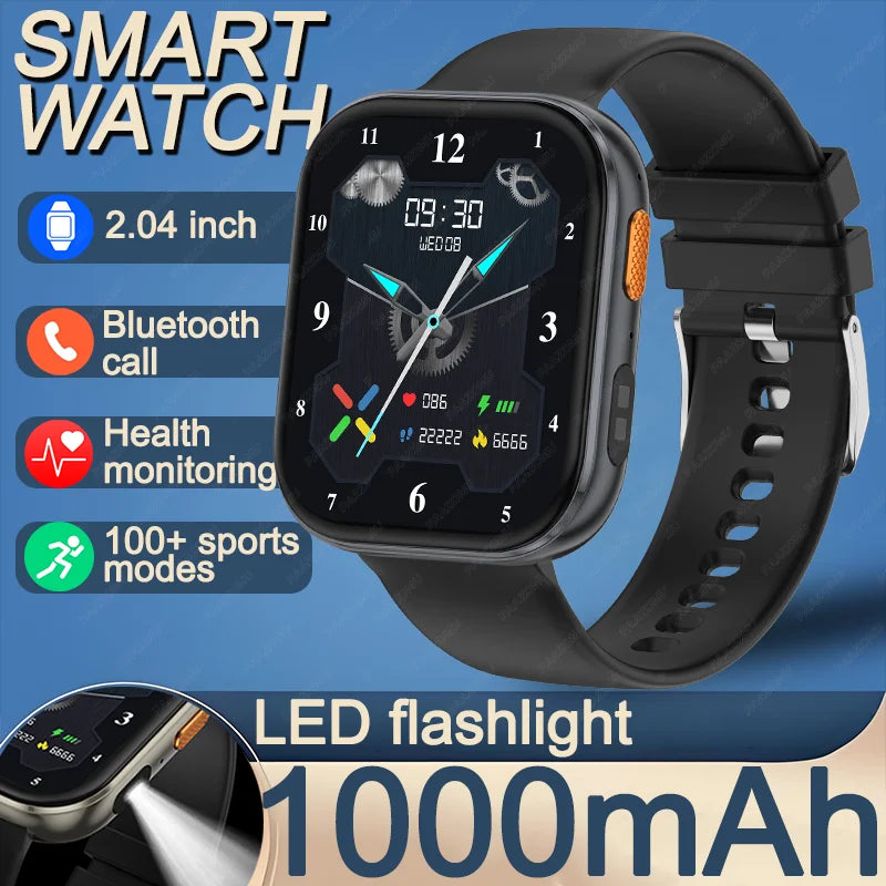 Outdoor New 1000mAh SmartWatch 2.04"HD Screen Smartwatch LED Flashlight 100+sports mode BT Call Waterproof SmartWatches Men Wome