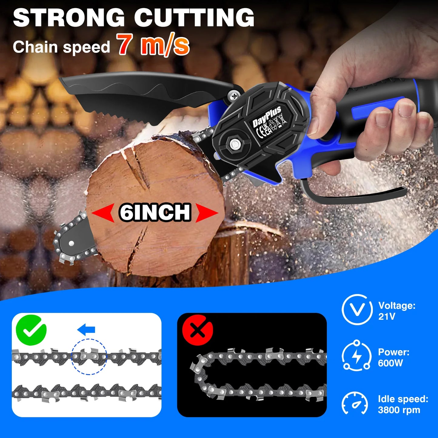 21V 6 Inch Mini Cordless Chainsaw Electric One-Hand Saw Wood Cutter for Wood Cutting Tree Trimming (1 Battery and Charger)