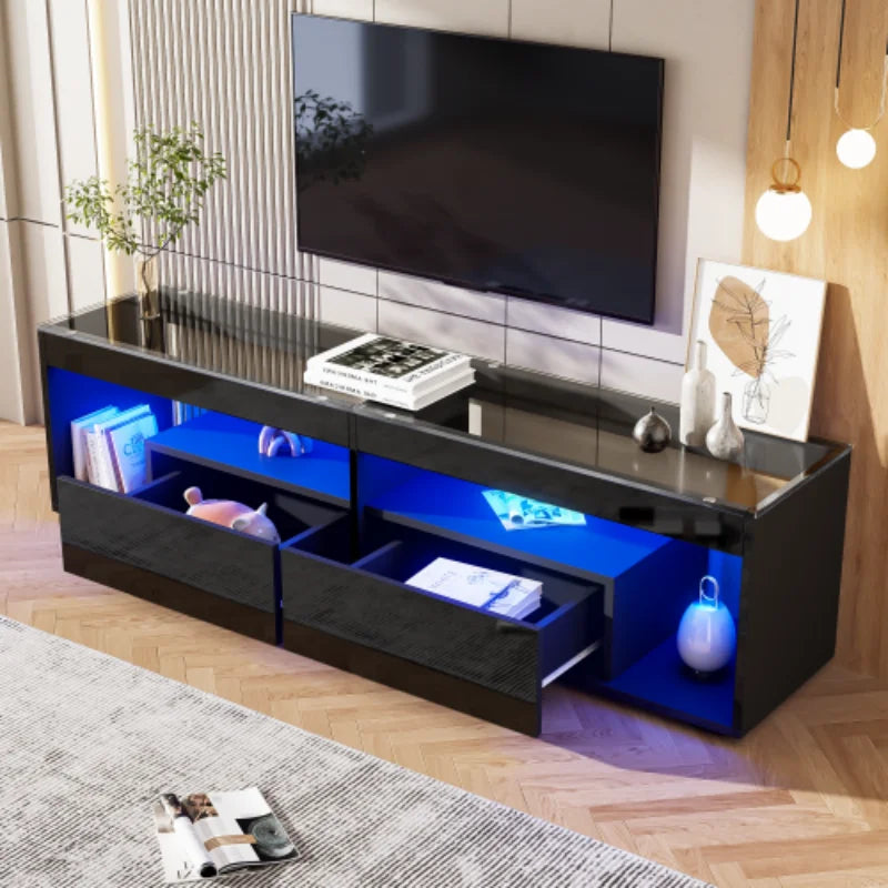 High Gloss TV Stand with 2 Drawers,glass tabletop,TV Cabinet Storage Sideboard with LED lights,open storage,Holds TVs up to 80"