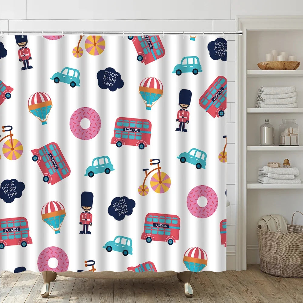 Cartoon Car Bathroom Decor Set Teens Transportation Car Shower Curtain for Kid Boy Girl Truck Bus Taxi Bath Mat Rug Toilet Cover