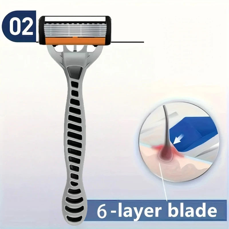 Men's manual razor safety razor 6-layer stainless steel hair removal knife, replaceable razor head, razor tools.