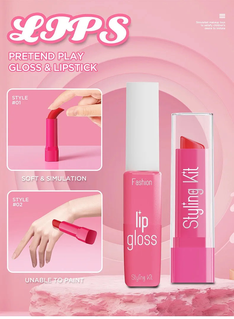 Girl’s pretend home make-up set: faux manicure, lip color, eye shadow, non-washable princess-themed cosmetics and toys.