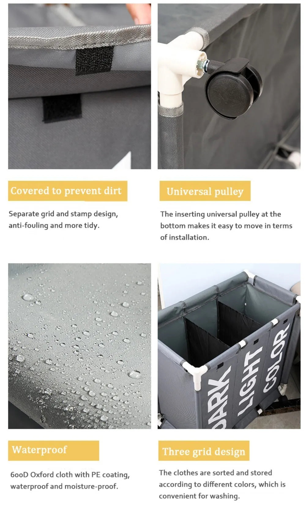 Rolling Laundry Basket Organizer 3 Grid Large Laundry Hamper Bin Waterproof Laundry Bags For Dirty Clothes Storage Box On Wheels
