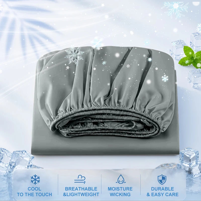 Summer Cooling Fitted Sheet Breathable Fabric With Elastic Band Solid Color Skin-friendly Fitted Sheet Cooling For Night Sleep
