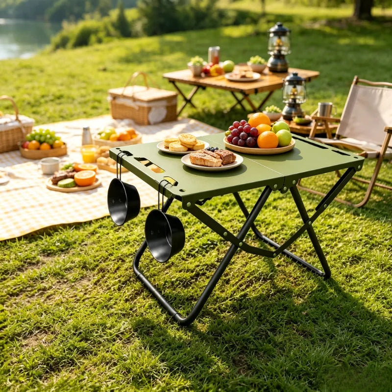 Green Portable Foldable Camping Table, Hollow Edge Hangable Design, Lightweight Durable Table for Picnic Beach Outdoor Travel