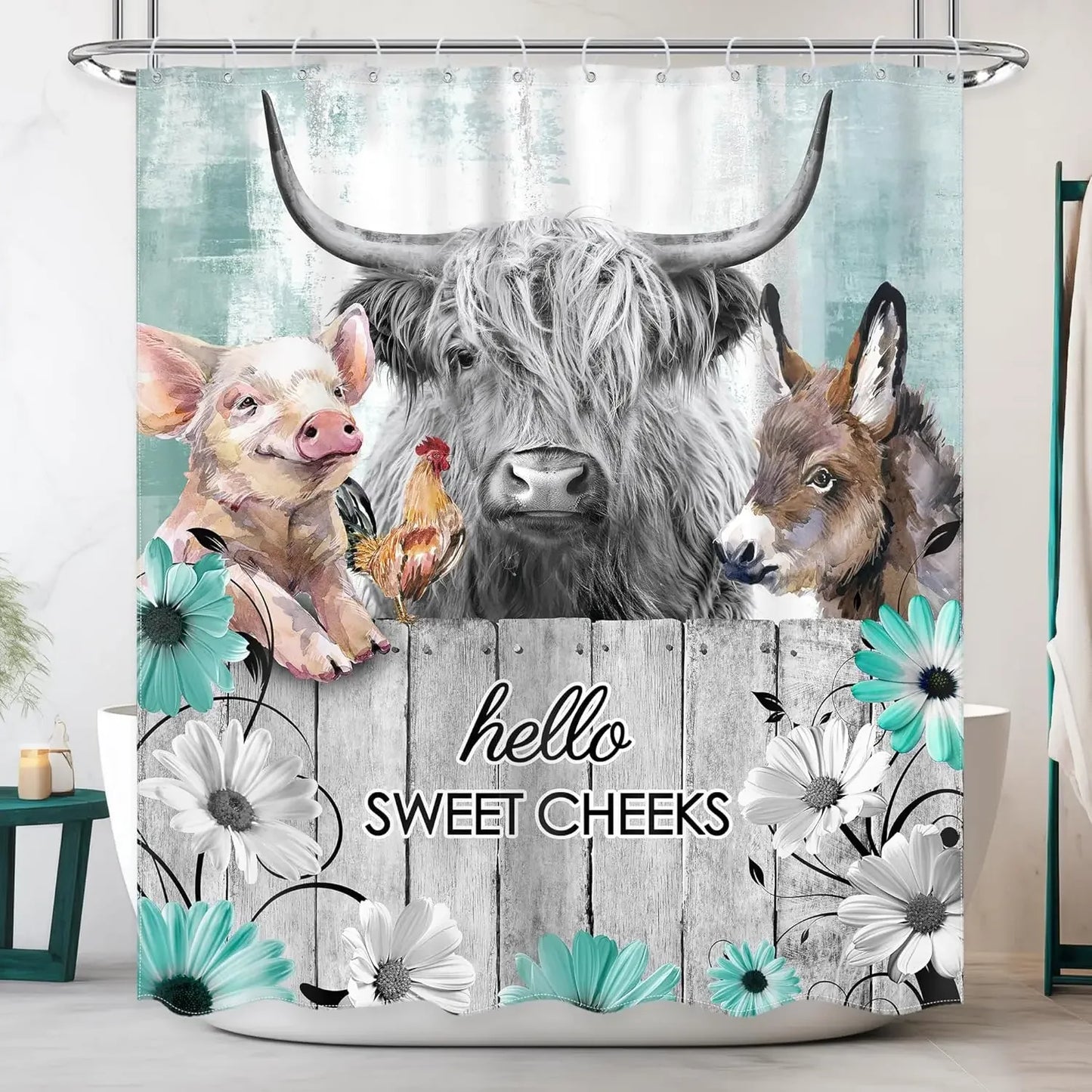 Funny Pig Shower Curtain Farmhouse Rustic Farm Animal in Bathtub Cute Western Country Shower Curtain Bathroom Set Pink Floral