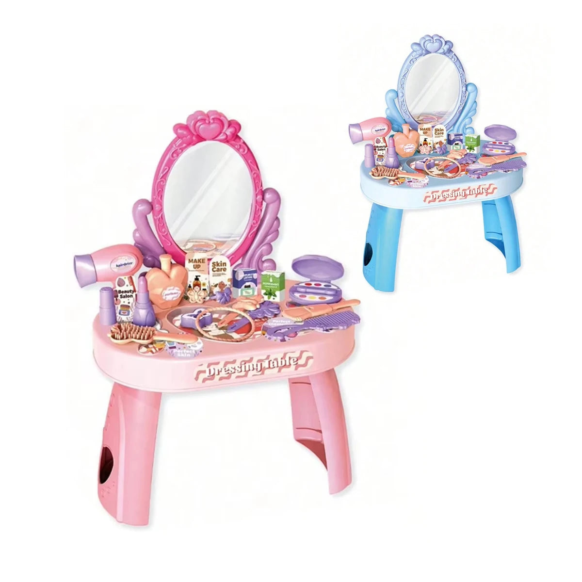 Kids Princess Vanity Dressing Table Toy Set with Mirror&30Pcs Makeup Accessories, Pretend Hair Dryer Cosmetic Kit,Gift for Girls