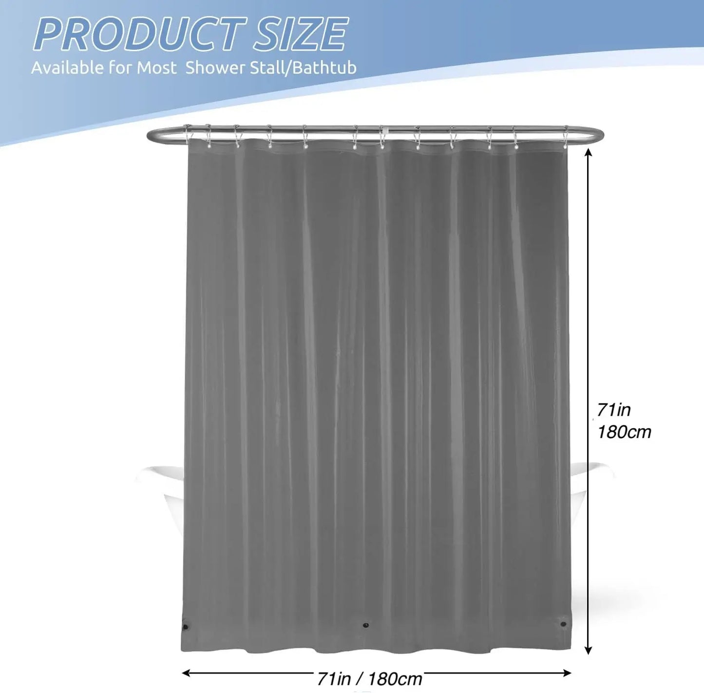 1pc Gray Shower Curtain Liner with Weighted Magnets Plastic Hooks and Durable Metal Grommets Bathroom Curtain Bath Curtain