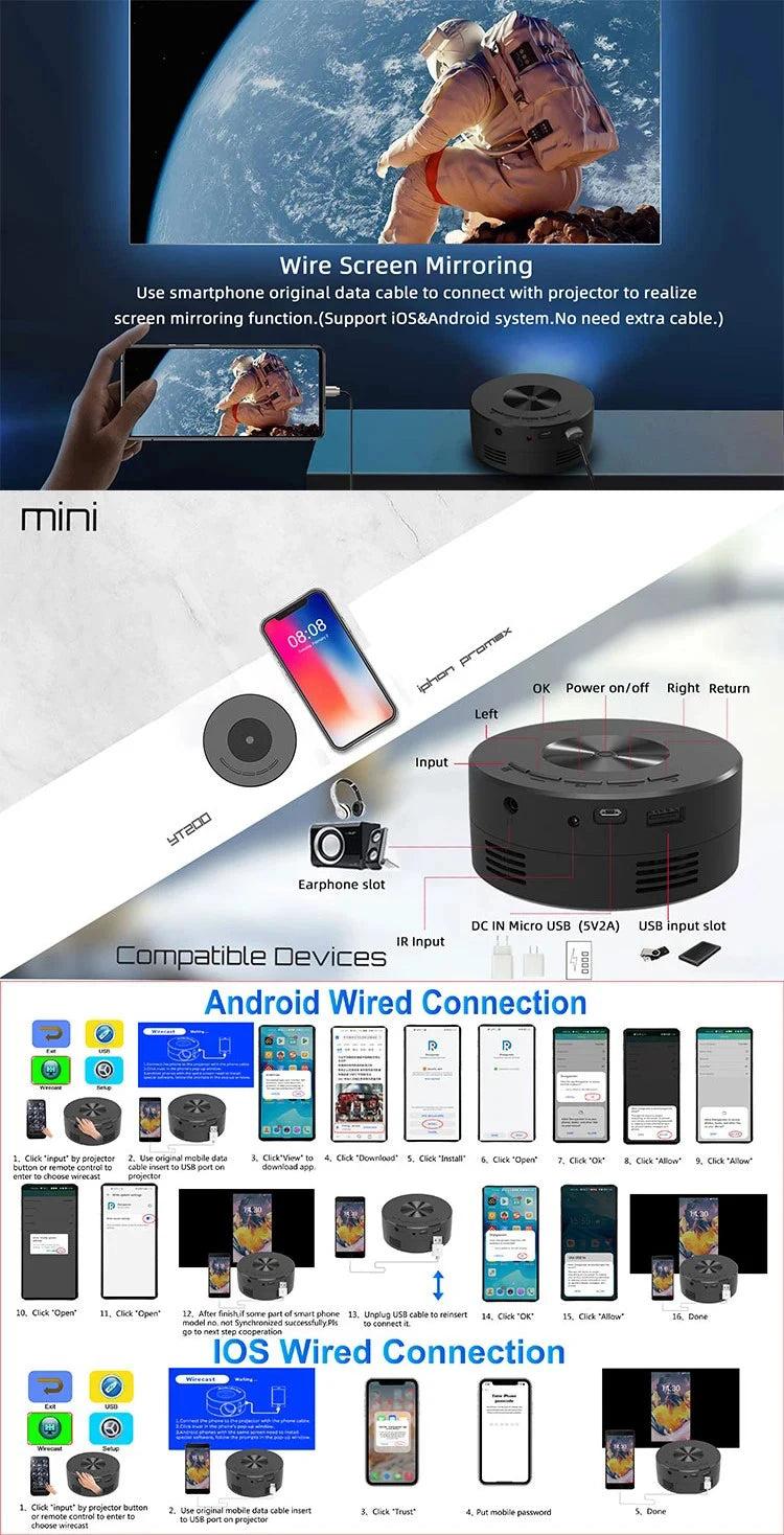 YT200 Projector Home Low Noise LCD Mini Portable Children's Wireless Mobile Phone Same Screen Projection Projector