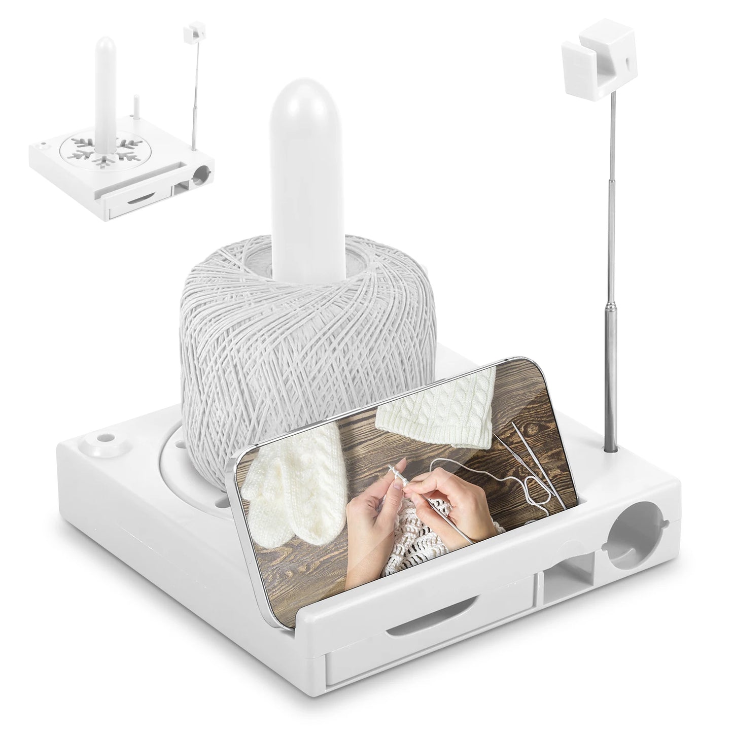 Versatile Yarn Spool Box Portable Crochet Caddy Yarn Organizer Spool Box with Bottom Drawer & Phone Stand for Knitting Lovers