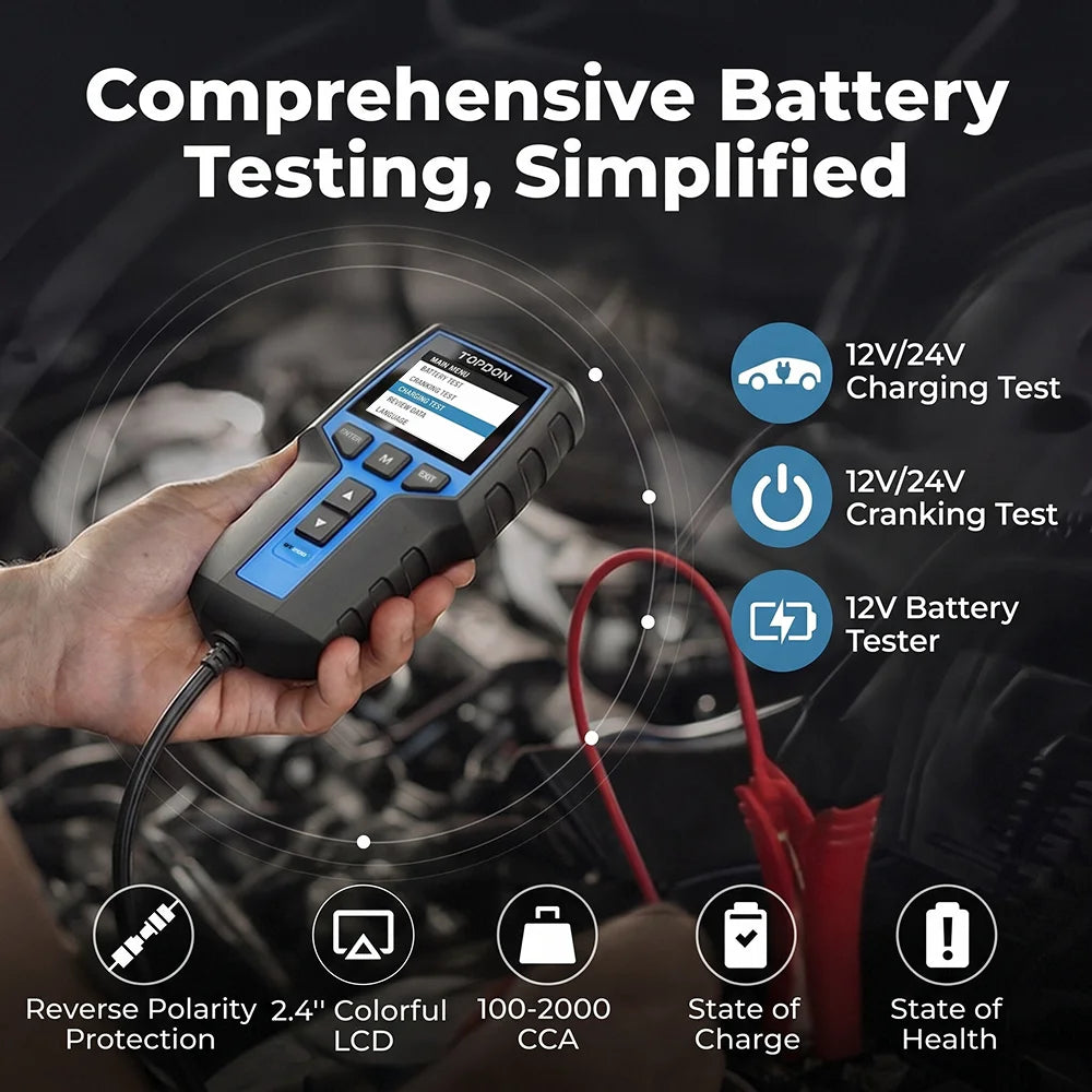 TOPDON BT200 12V Car Battery Tester Digital Automotive Diagnostic Battery Tester Analyzer Vehicle Cranking Charging Scanner Tool