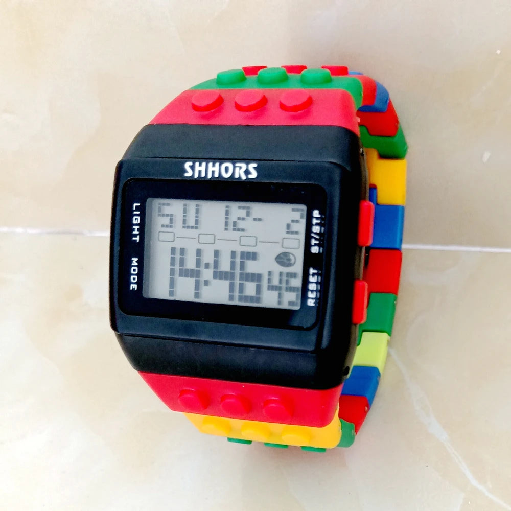 Fashion Students Mens Women Colourful SHHORS Building Blocks Plastic Waterproof Sport Digital Electronic Multifunctional Watches