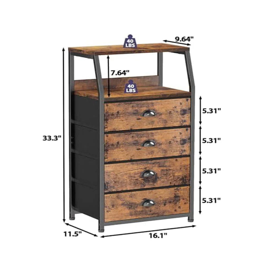 Bedside Table Side End Table with 4 Drawers & Open Shelf Nightstand Chest of Drawers Storage Unit for Living Room, Bedroom