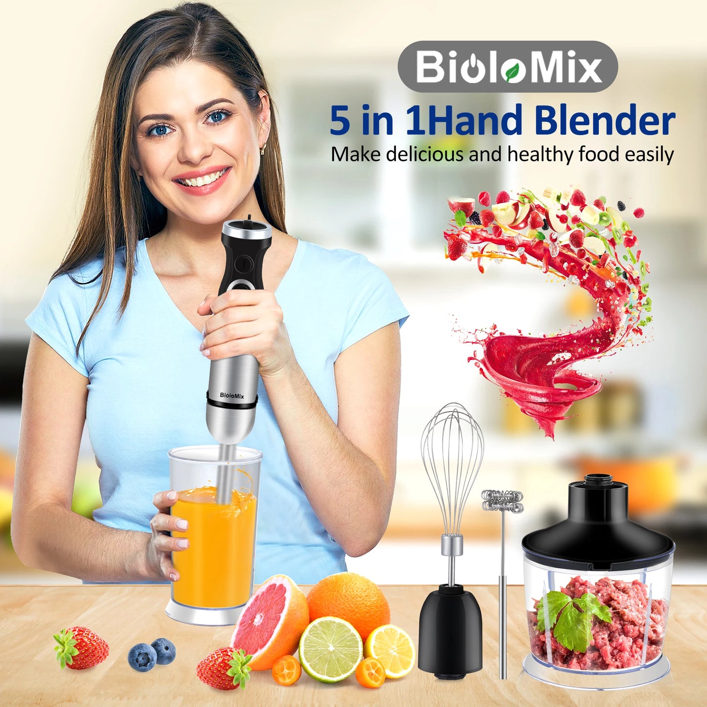 BioloMix 1200W 5-in-1 Immersion Hand Stick Blender Mixer Vegetable Meat Grinder 800ml Chopper Whisk 600ml Smoothie Cup