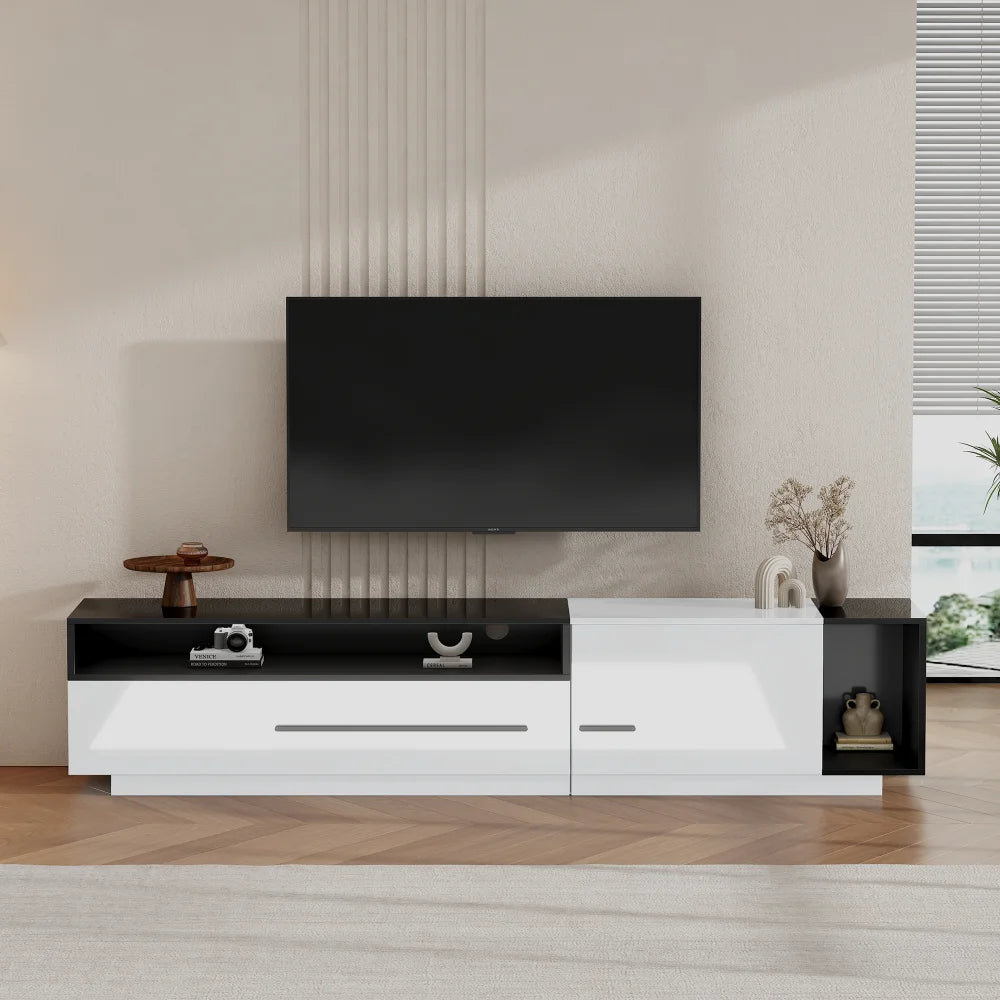 PINGGO 70 Inch High Gloss TV Stand, Entertainment Center for 60 to 70 Inch TVs with 2 Closed Storage Spaces,Living Room TV Stand