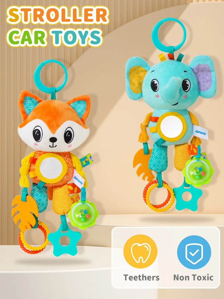 Soft Hanging Crinkle Squeaky Sensory LearningToy Stroller Car Seat Crib Travel Plush Animal Wind Chime with Teether Boys Girls