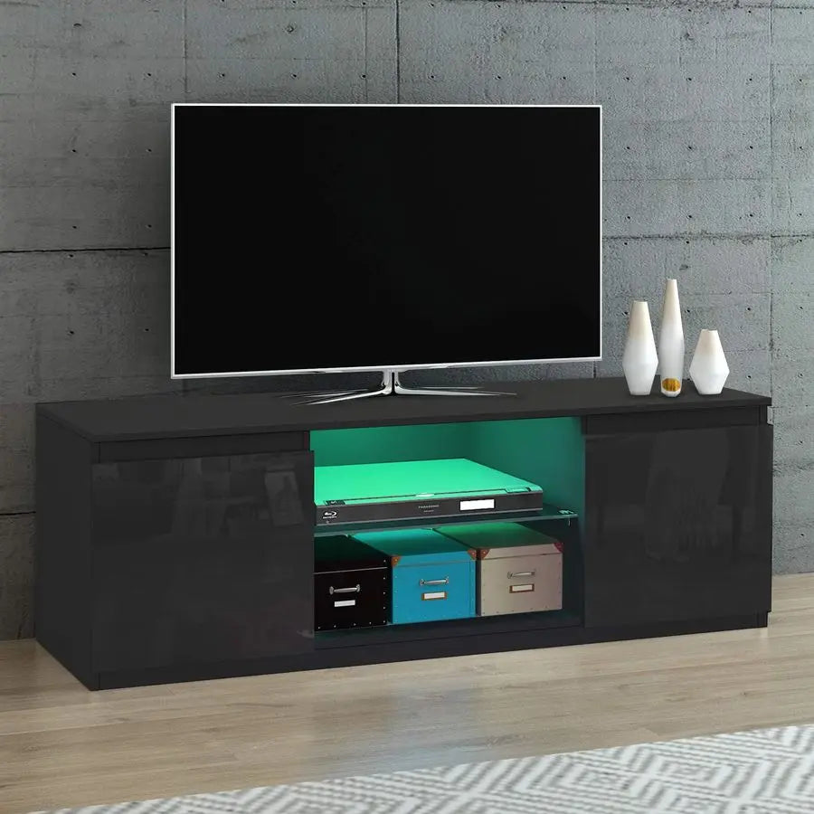 LED TV Unit Cabinet Stand for 55 Inch TV, Modern High Gloss TV Cabinet with RGB LED Lights, 2 Door Storage Sideboard Entertainm