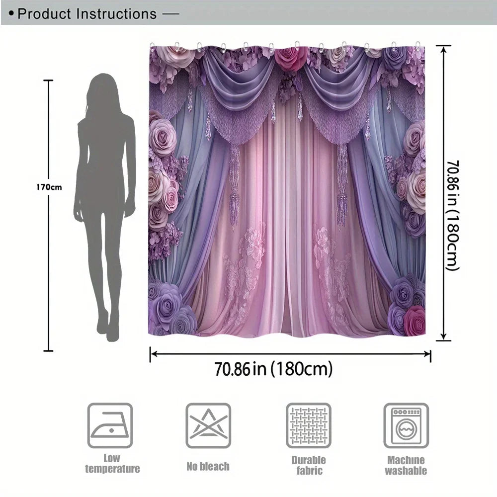 Victorian Lavender & Pink Floral Shower Curtain - Crystal Pendants, Elegant Luxury Polyester,   12 Hooks, Elegant Bath Decor