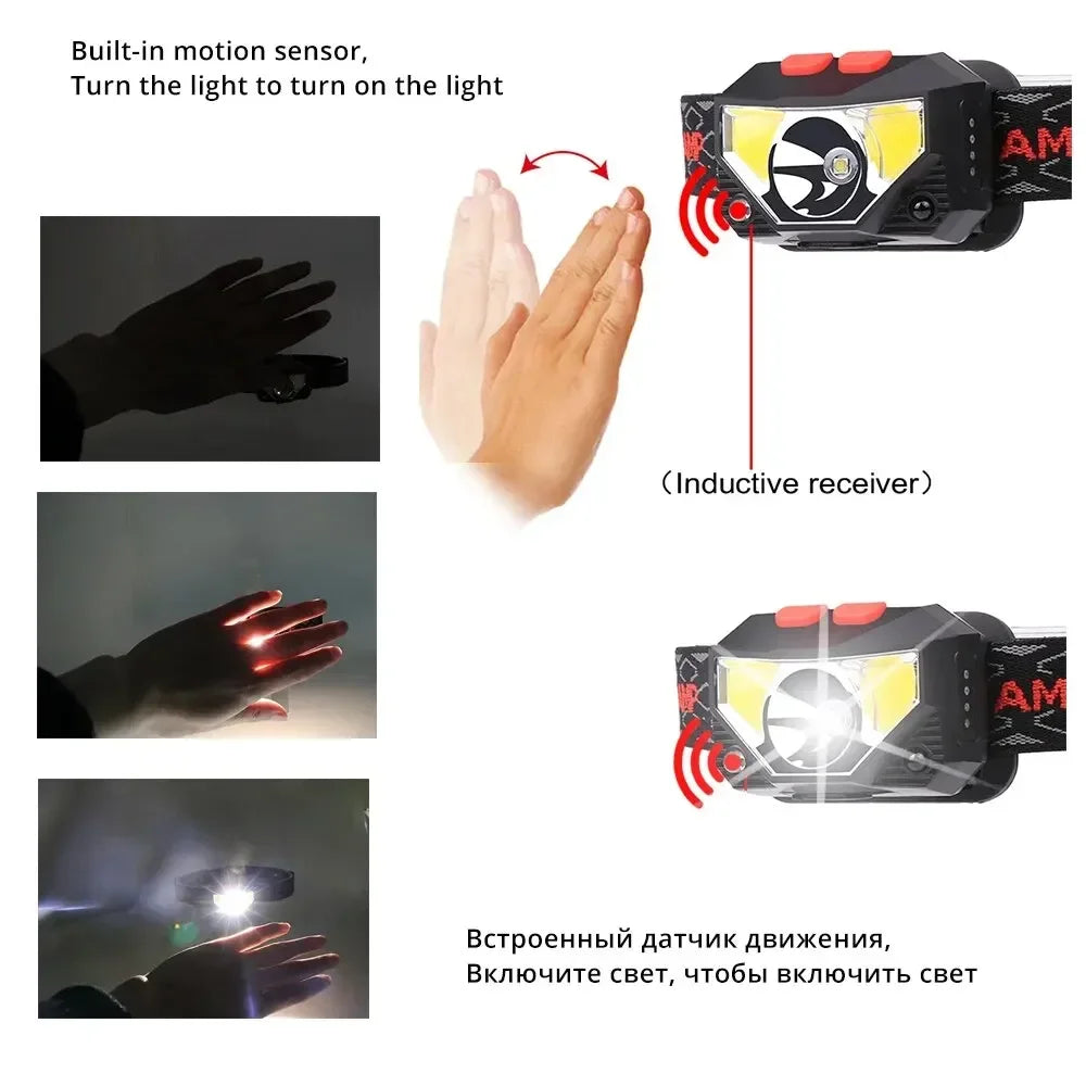 1-3PCS Rechargeable LED Headlamp Sensor Headlight With COB and LED Beads 8 Lighting Modes White and Red Light Fishing Light
