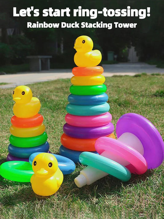 Yellow duck Rainbow Tower Stacked Circle toy plastic rainbow Circle toy  Circle toss toy Interactive game Birthday gifts