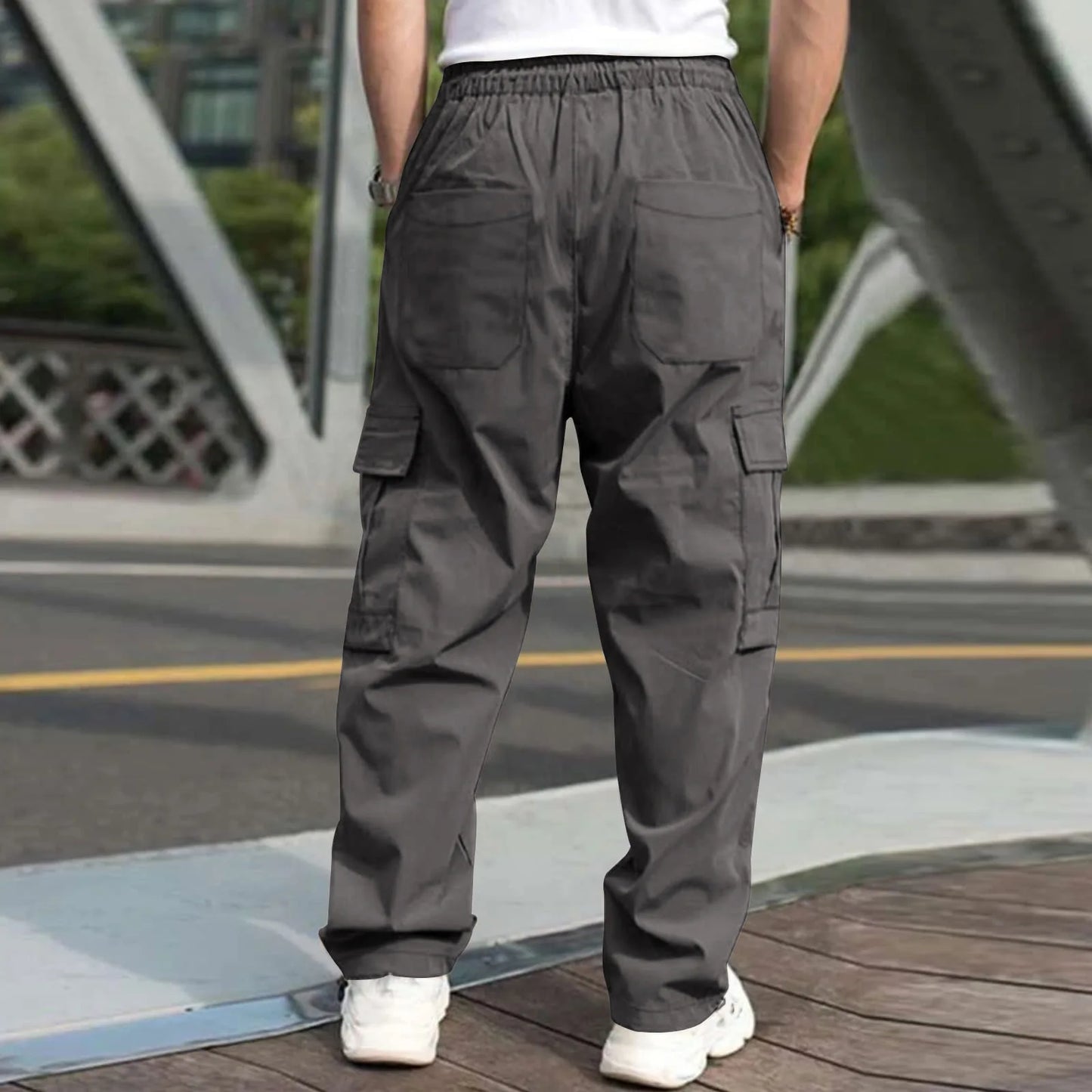 Men Loose Cargo Pants Summer Male High Elastic Waist Zip Pocket Straight Full Trousers BFDZ-A717