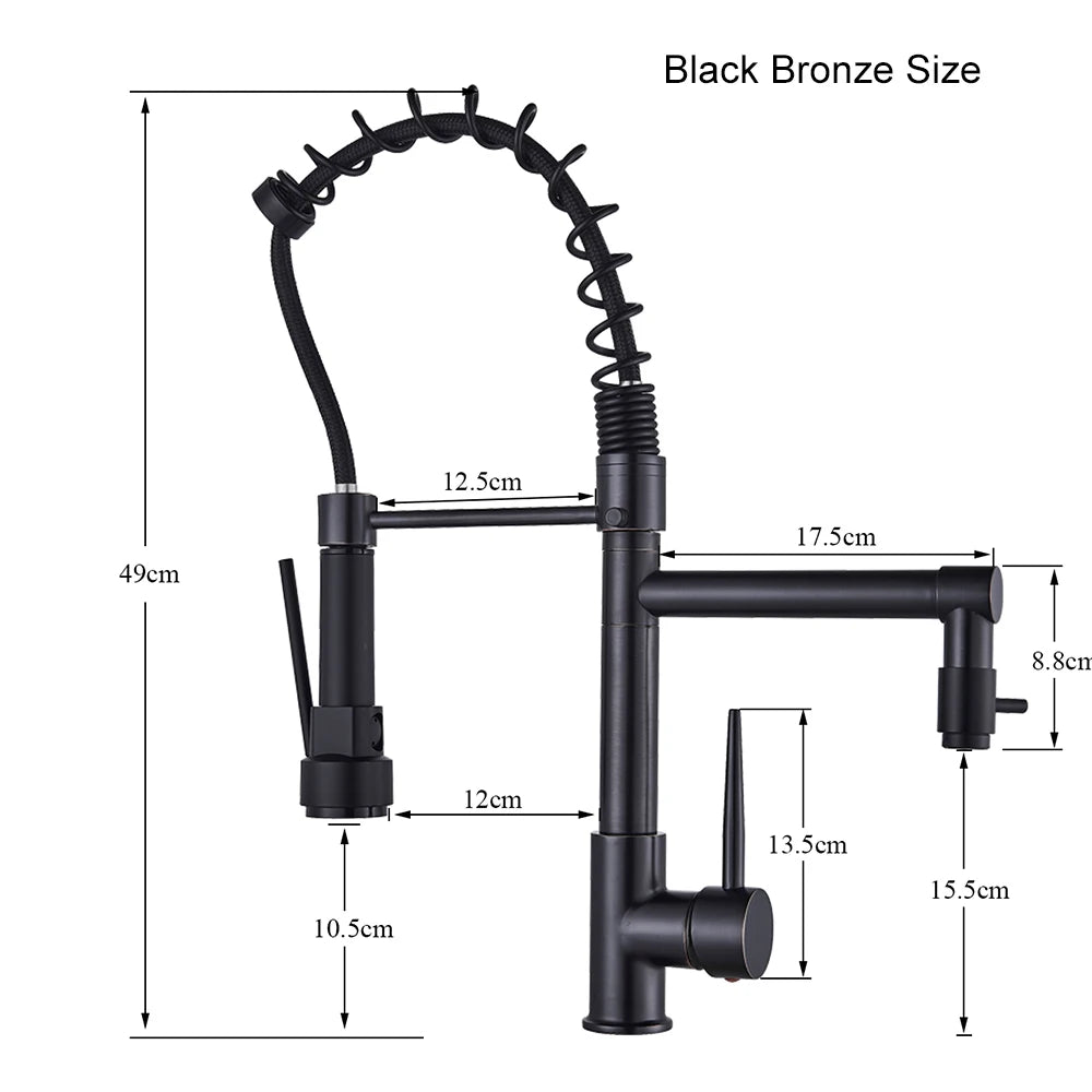 Black Pull Down Brass Kitchen Sink Faucet Hot Cold Water Mixer Crane Tap with Dual Spout 360 Rotation High Faucet Deck Mounted