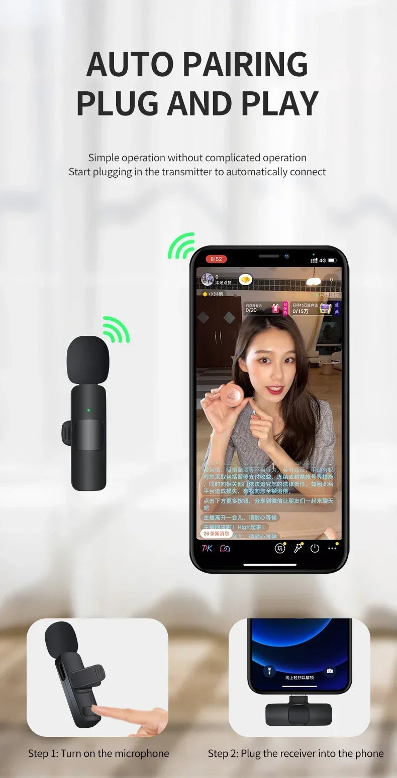 Wireless Lavalier Microphone 2.4G Mini Portable Audio Video Recording Mic for iPhone Android Live Broadcast Gaming