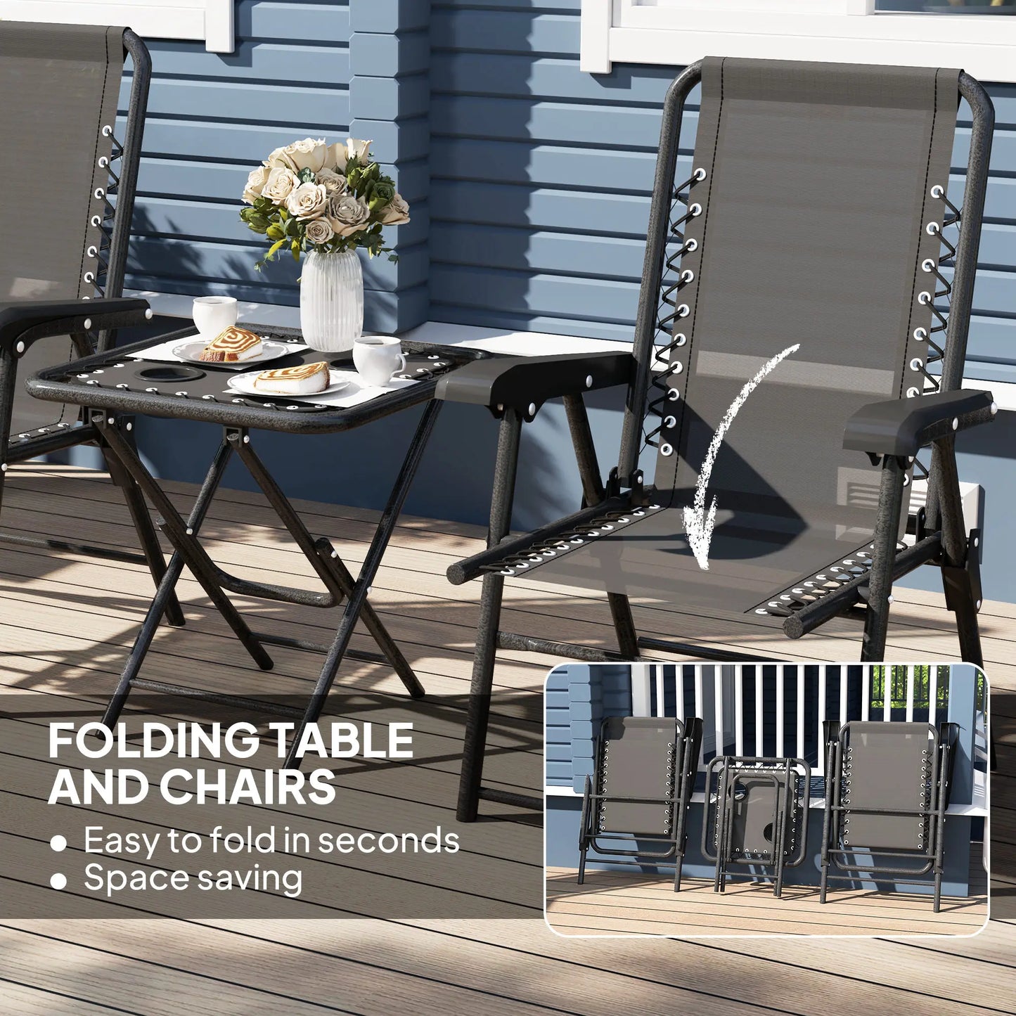 Outsunny 3 Pieces Garden Bistro Set, Folding Table and Chairs Set, Metal Garden Furniture Set with Cup Holders