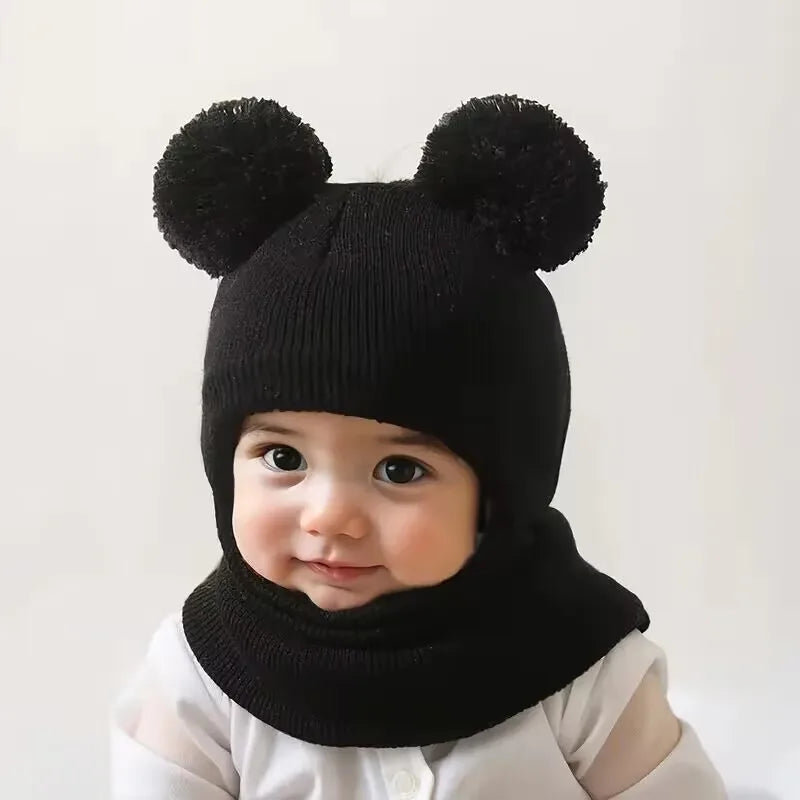 1pc/2pcs Winter children's hooded one-piece hat,equipped with ear and neck protection devices,for warmth.Double ball knitted cap