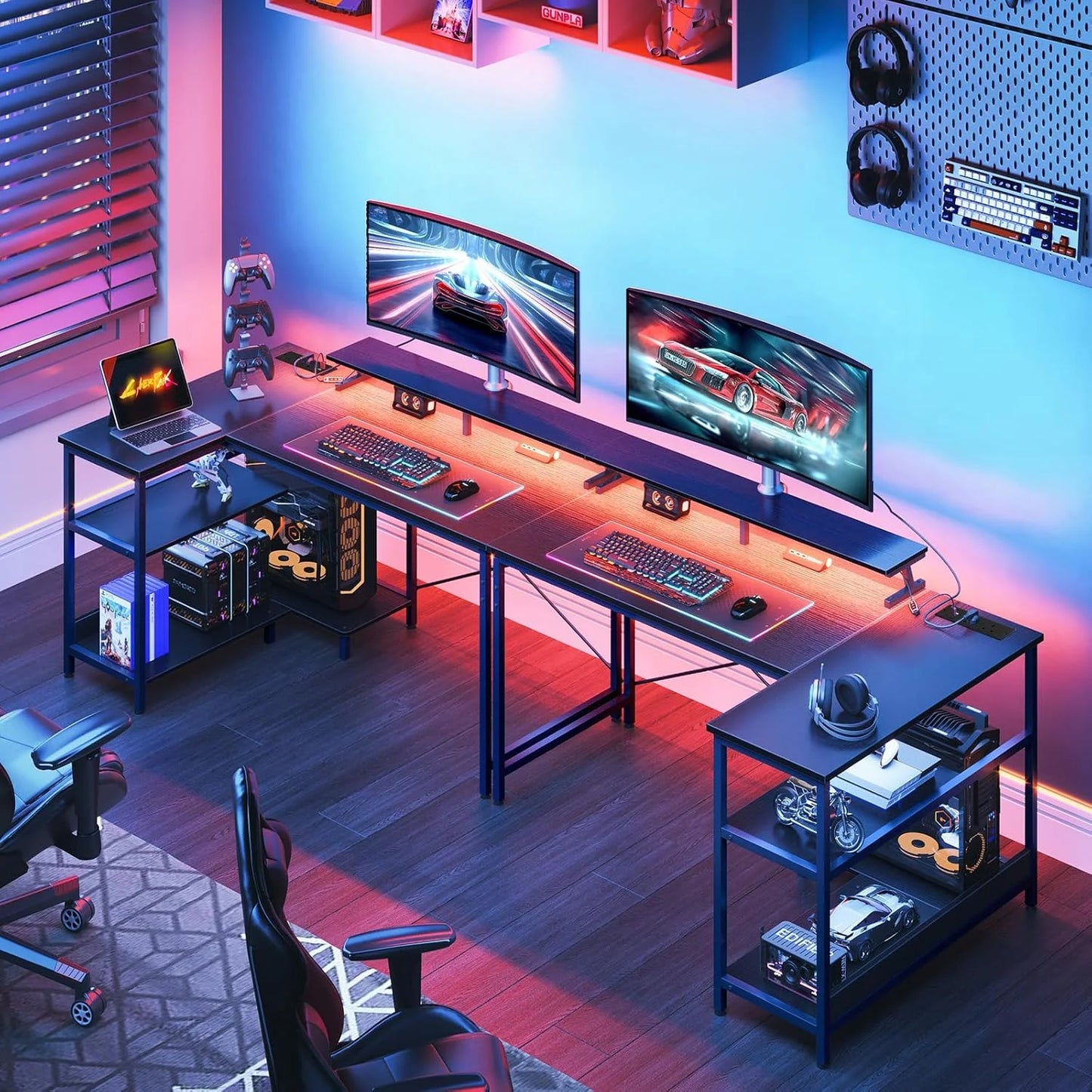 Coleshome L Shaped Gaming Desk with LED Lights, 120 × 80 cm Computer Desk with Power Outlet,  Black