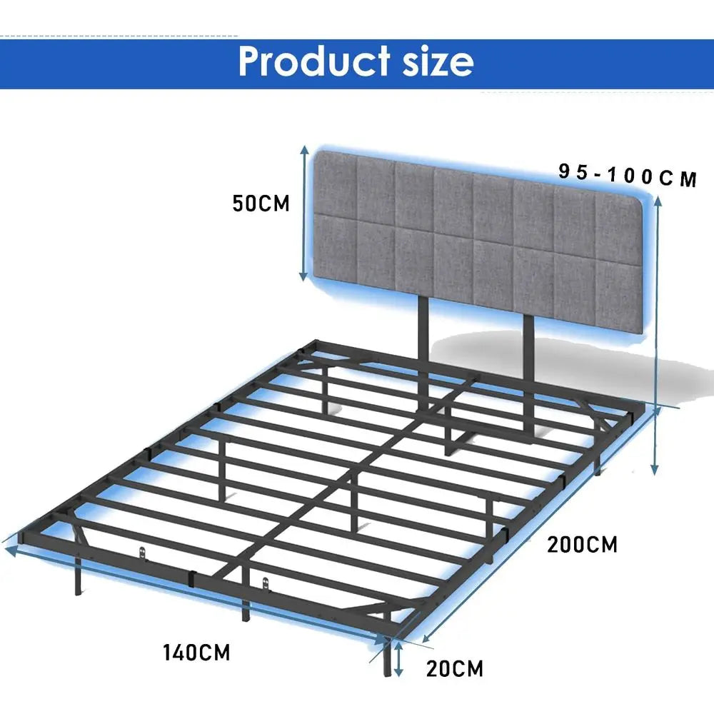 Double Size Metal Platform Bed with Adjustable Upholstered Headboard, 140x200cm, No Box Spring Needed, Slatted Base