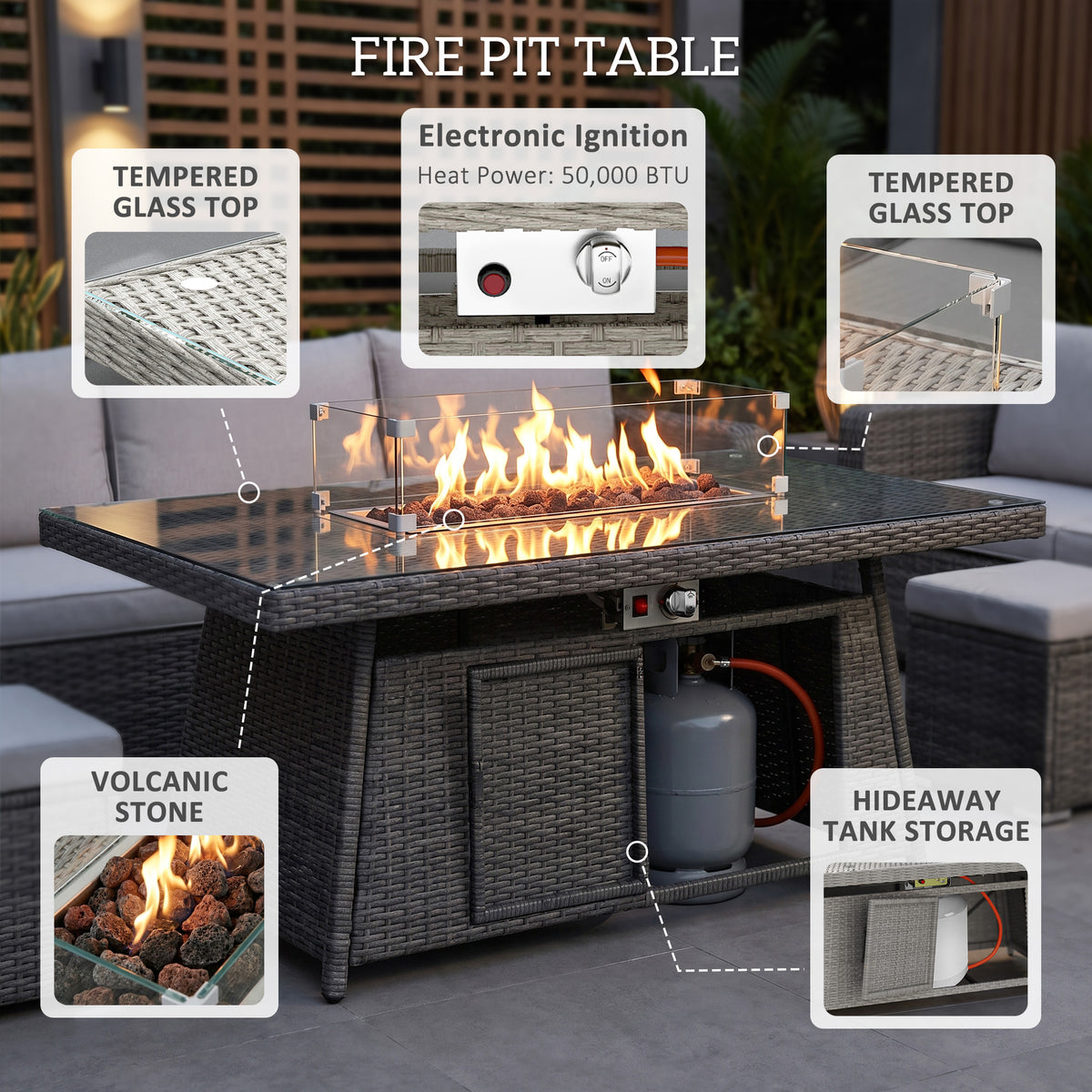 Outsunny Seven-Piece Firepit Table Rattan Sofa Set - Grey