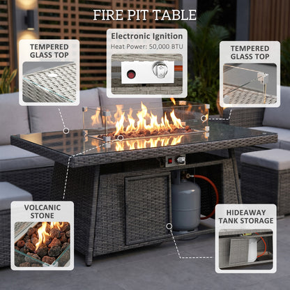 Outsunny Seven-Piece Firepit Table Rattan Sofa Set - Grey