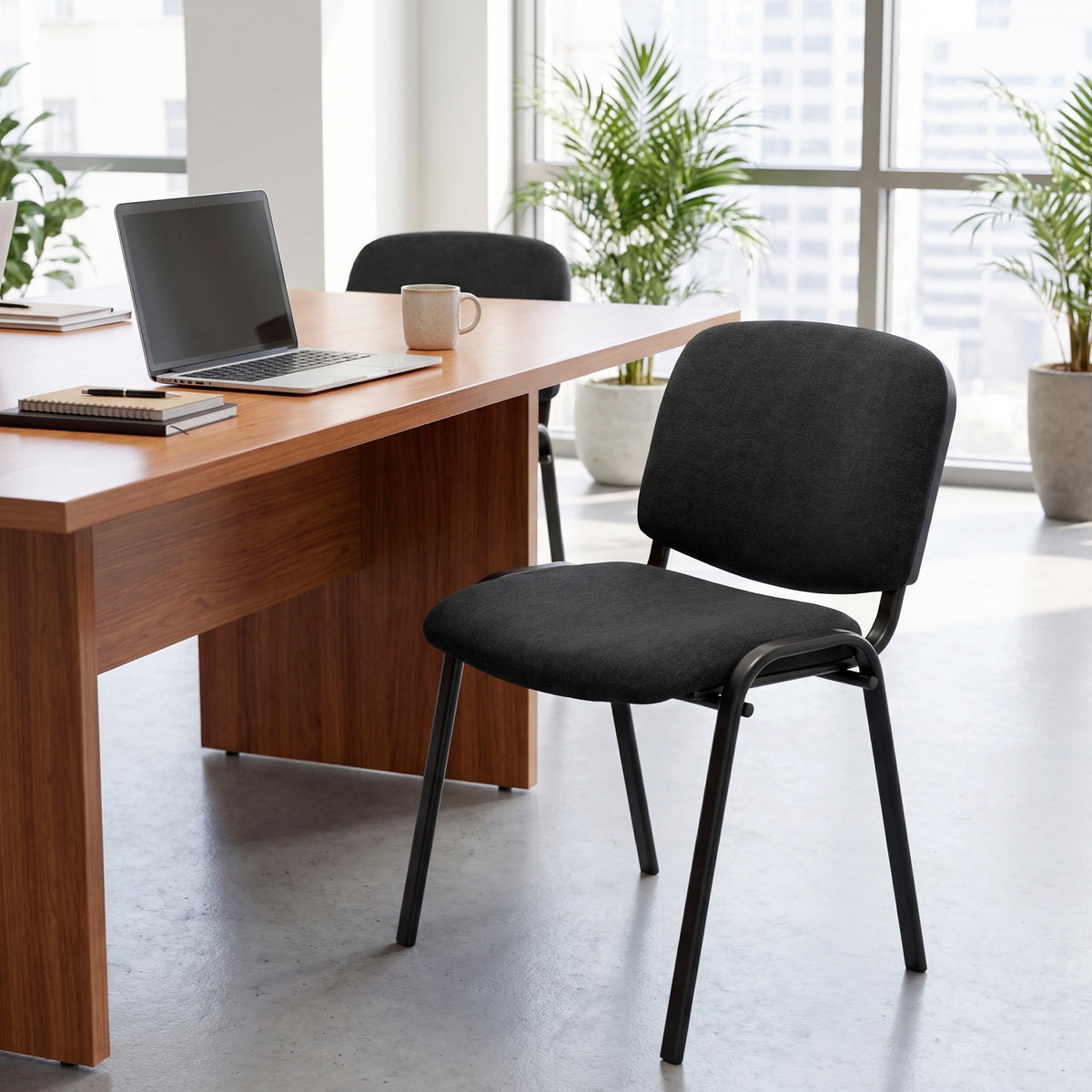 HOMCOM Linen-Look Fabric Reception Chairs, Stackable Meeting Chairs Set of 2 with Backrest, Padded Seat for Office, Black