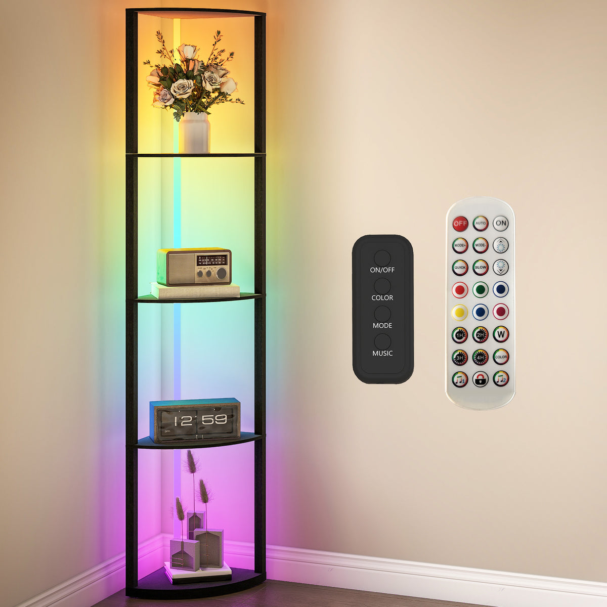 HOMCOM RGB LED Floor Lamp with Shelves, 4-Tier Dimmable Standing Lamp with Remote Control, Black