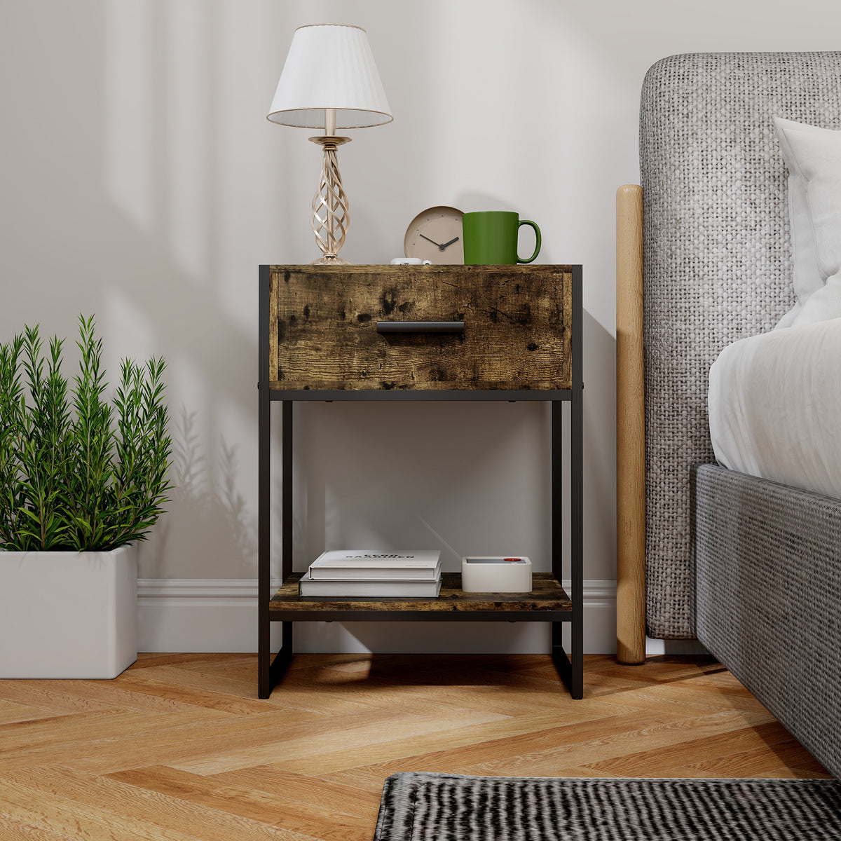 HOMCOM Modern Bedside Table - Rustic Brown