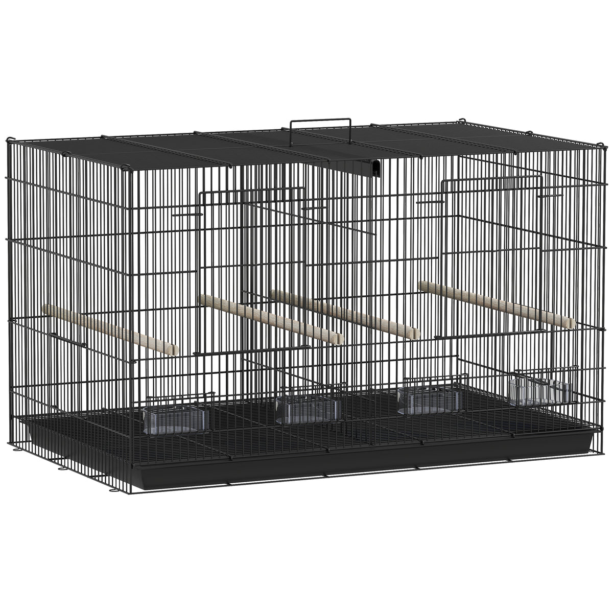PawHut Bird Cage with Divider, 4 Wooden Perches, Slide Out Tray, 4 Feeders, for Budgie, Lovebird, Canary, 76 x 46 x 46cm, Black