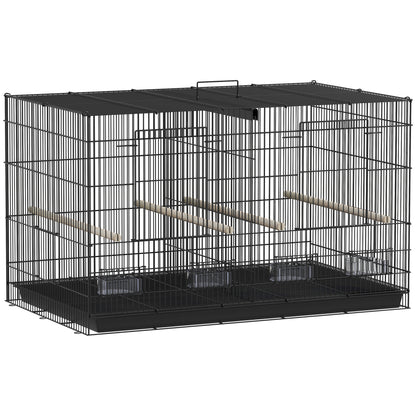 PawHut Bird Cage with Divider, 4 Wooden Perches, Slide Out Tray, 4 Feeders, for Budgie, Lovebird, Canary, 76 x 46 x 46cm, Black
