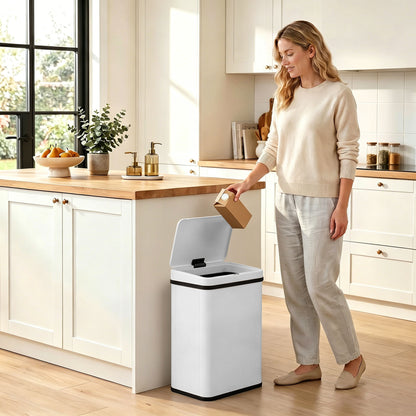 HOMCOM 40L Sensor Bin with Soft-Close Lid, Stainless Steel Automatic Touchless Motion Sensor Kitchen Bin, White
