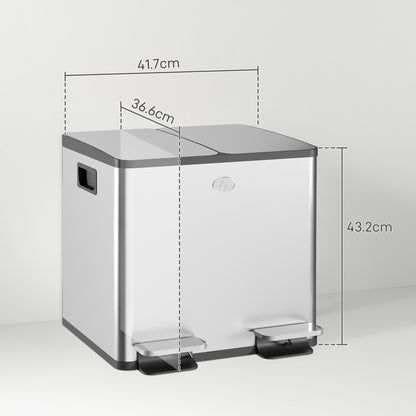 HOMCOM 30L Dual Compartment Stainless Steel Bin, with Deodoriser Holders - Silver Tone