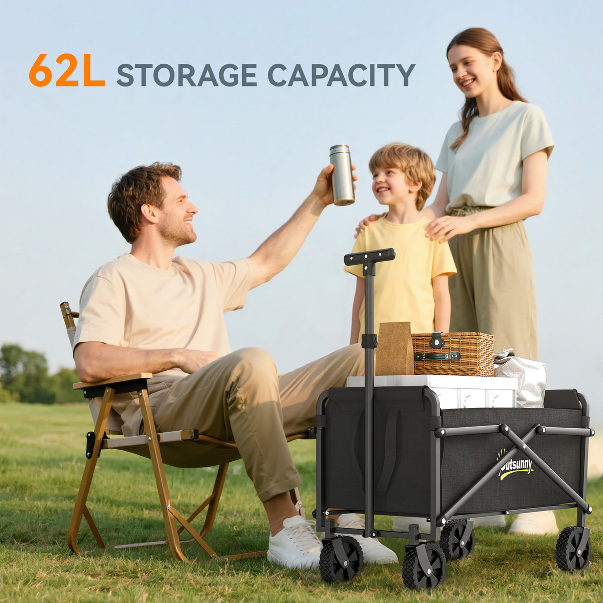 Outsunny 62L Festival Trolley on Wheels, Portable Small Folding Trolley Cart, 60kg Heavy Duty Collapsible Foldable Wagon with Adjustable Handle and Carrying Bag for Beach, Camping, Garden, Black