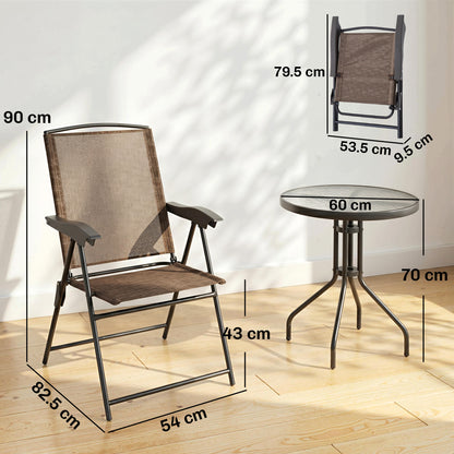 Outsunny 3 Piece Outdoor Bistro Set, Patio Conversation Furniture Set with 2 Folding Backrest Adjustable Armchairs and Glass Top Coffee Table, Brown