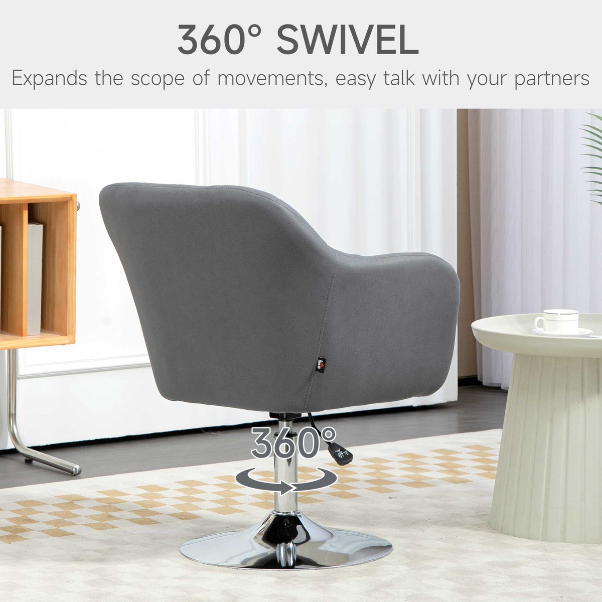 HOMCOM Swivel Accent Chair, Microfiber Cloth Tub Vanity Chair, Modern Armchair with Adjustable Height and Lumbar Support for Living Room Bedroom Salon Make up Room Dressing Table, Dark Grey