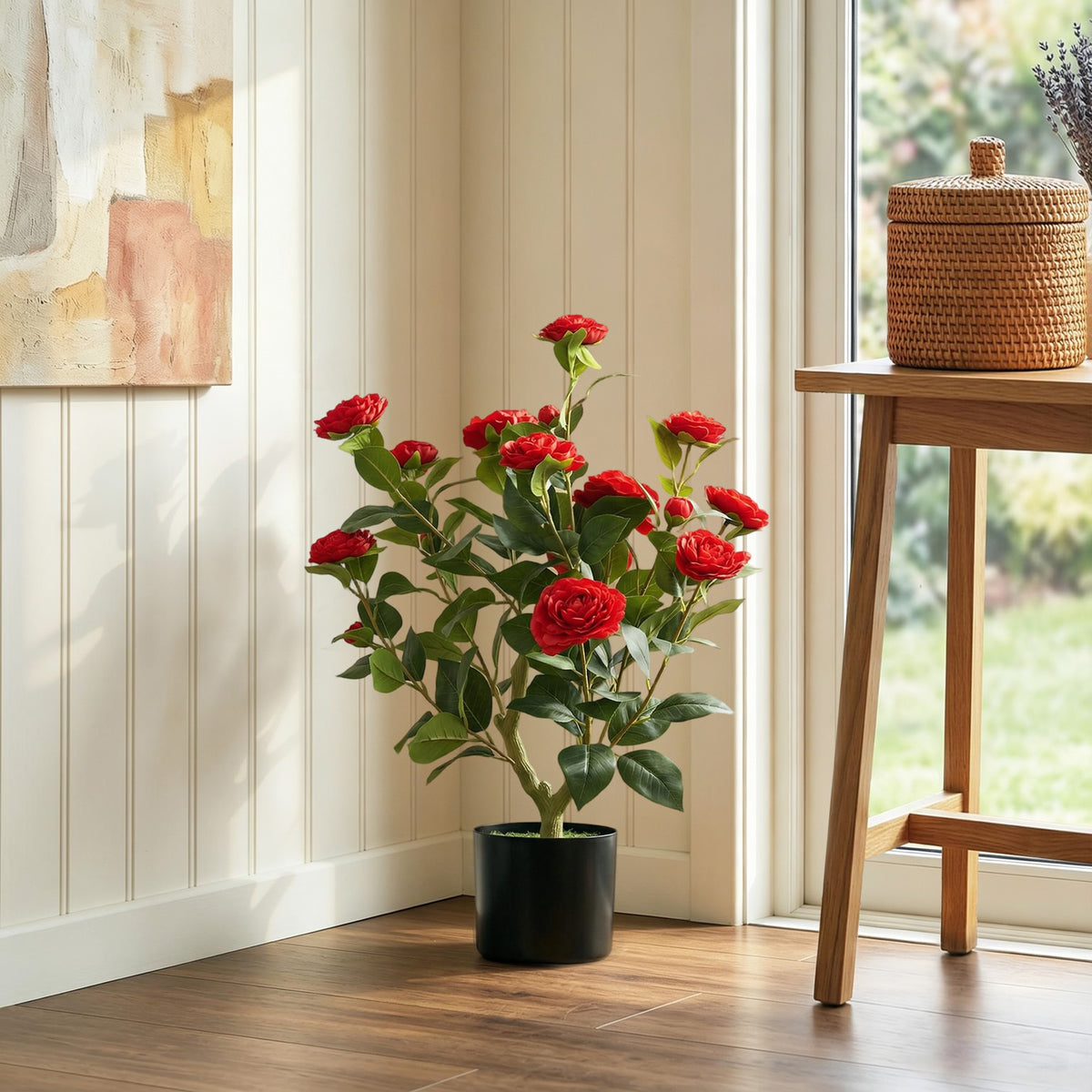 HOMCOM 65cm Artificial Camellia Flower Plant in Pot with 116 Lush Leaves & Moss Effect, Red