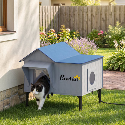 PawHut Heated Cat House Weatherproof w/ Heating Pad, Elevated Base, Escape Door, Cat Winter Shelter for Stray, Barn Cats
