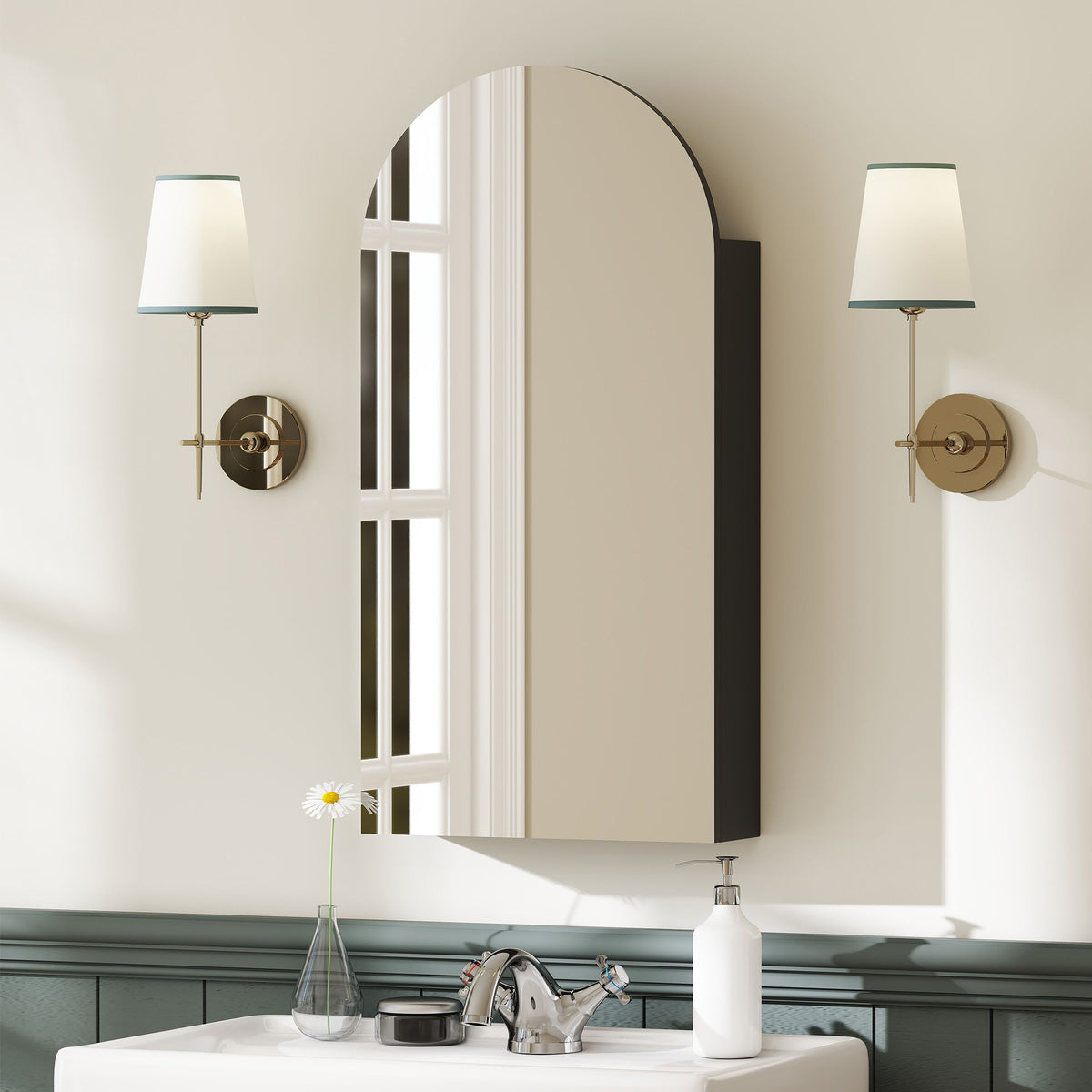 HOMCOM Arched Bathroom Mirror Cabinet with Adjustable Glass Shelves - Black