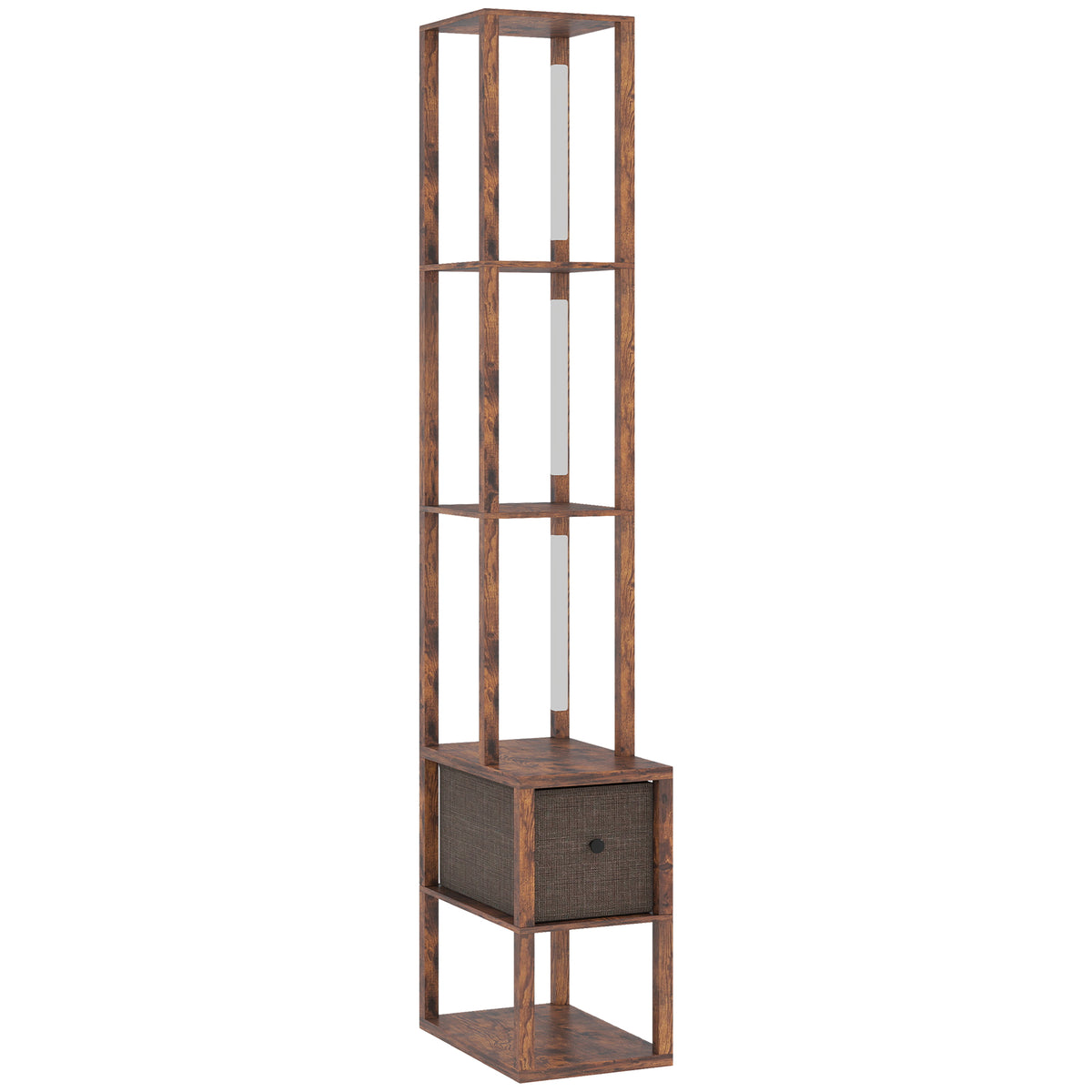 HOMCOM Floor Lamp with Shelves, LED Column Modern Standing Lamp with Fabric Drawer, Adjustable Brightness, Foot Switch for Living Room, Bedroom, Office, Rustic Brown