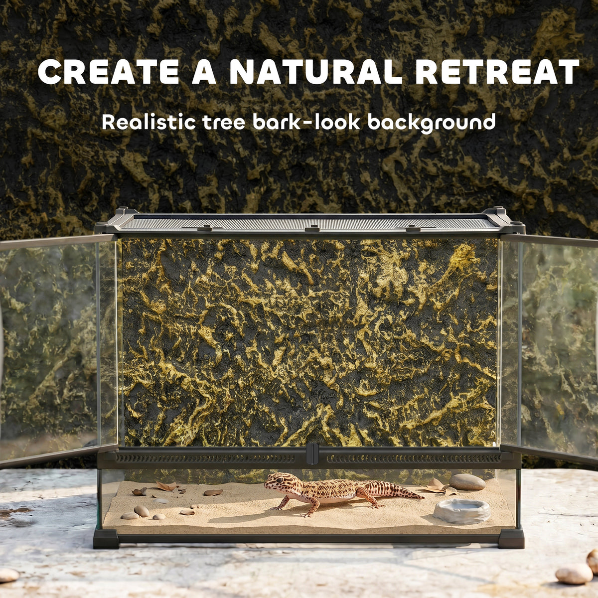 PawHut Reptile Glass Terrarium with Stone Background, Front Ventilation, Escape-Proof Knob Lock, 50 x 30 x 35 cm, Black