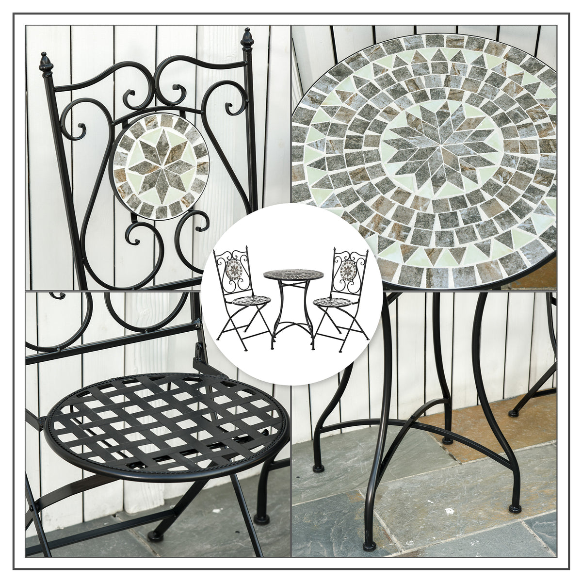 Outsunny 3 Pcs Mosaic Tile Garden Bistro Set Outdoor Seating w/ Table 2 Folding Chairs Set Metal Frame Elegant Scrolling Indoor Patio Balcony, Grey